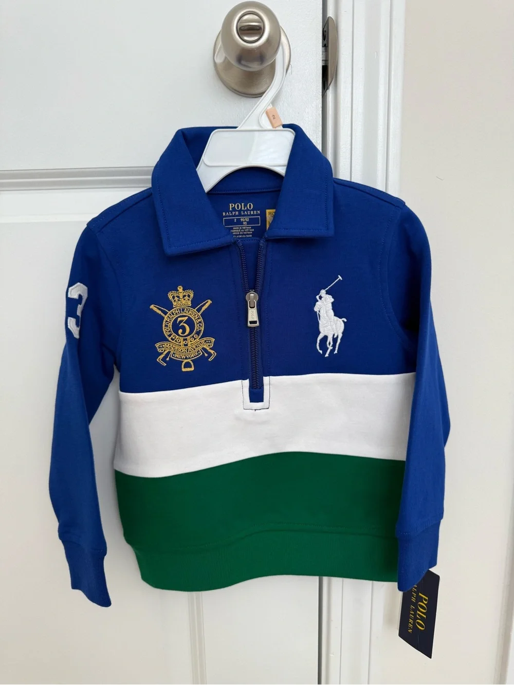 Polo by Ralph Lauren Blue White Green Colorblock Quarter-Zip Pullover size 2 boy